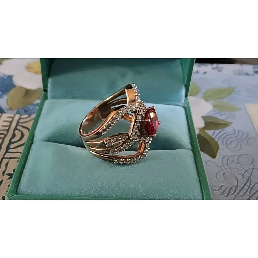 Vintage Signed SJ 925 Ruby & Simulated Diamond Rose Gold Statement Ring Sz 8